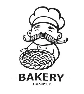 Bakery logo. Hand drawn vector illustration of chef-cooker with a mustache an Stock Illustration