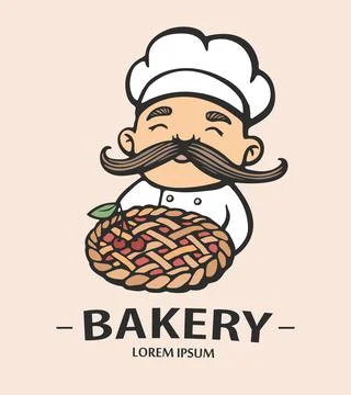 Bakery logo. Hand drawn vector illustration of chef-cooker with a mustache an Stock Illustration