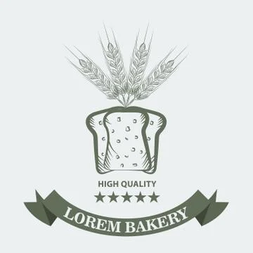Bakery logo with sliced fresh bread, wheat, ribbon and stars. Sketch line art Stock Illustration