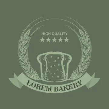 Bakery logo with sliced fresh bread, wheat, ribbon and stars. Sketch line art Stock Illustration
