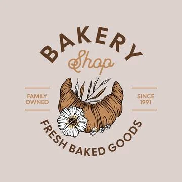 Bakery logo in vintage vector style with illustration of croissant food with Stock Illustration