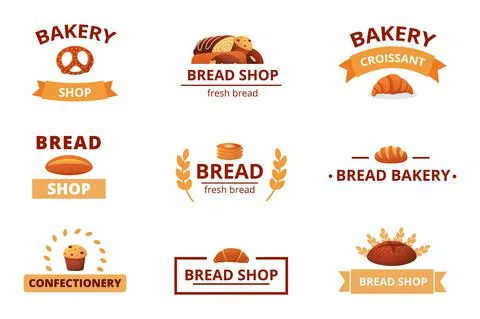Bakery logo. Wheat bread, sweet pastry, fresh cake, pie and cupcake for cook Stock Illustration
