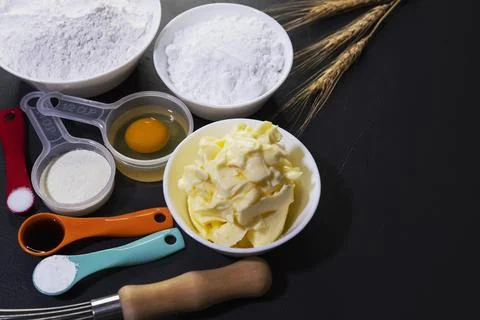 Bakery making ingradient with copyspace top view background Stock Photos
