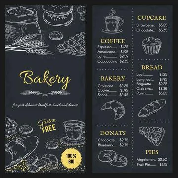 Bakery menu mockup. Hand drawn brochure of food with price. Cafe assortment Stock Illustration