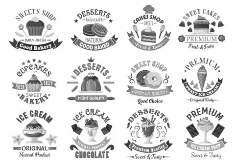 Bakery menu template desserts and cakes icons set Stock Illustration