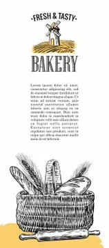 Bakery. Mill, wheat, ears, rolls, pastries, bread, baguette, rolling pin, bas Stock Illustration