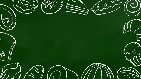 Bakery moving frame pattern background cartoon hand chalk drawing outline Video stock 94012622