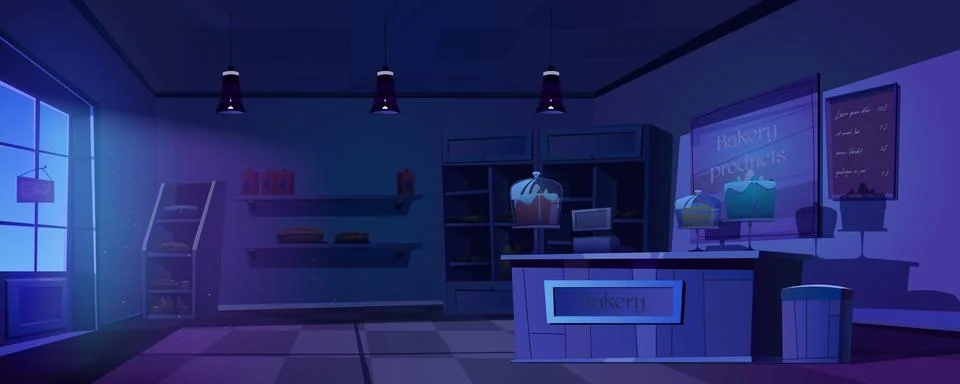 Bakery at night, empty dark bake house interior Stock Illustration