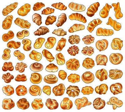 Bakery objects and elements cartoon set. Buns and pastries hand drawn doodl.. 库存插图