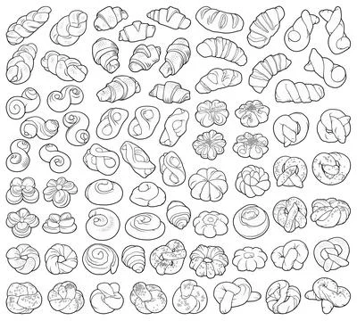 Bakery objects and elements cartoon set. Buns and pastries hand drawn doodl.. 库存插图