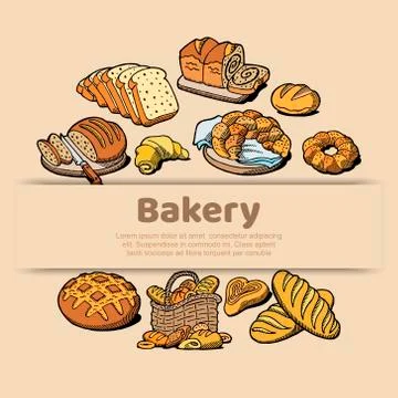 Bakery or bread house sketch poster of baked bread. Vector design template for Stock Illustration