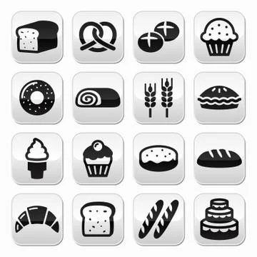 Bakery, pastry buttons set - bread, donut, cake, cupcake Stock Illustration
