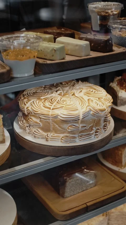 Bakery pastry chef puts a large, creamy, close-up cream cake on display. Stock-Footage 310500336