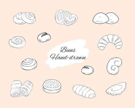 Bakery pastry products.  Backing doodle set of buns. Hand-drawn bagels set... Stock Illustration