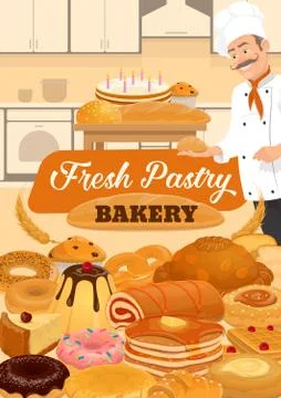 Bakery pastry sweets, bread, baker dessert cakes 스톡 일러스트