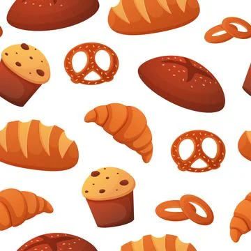 Bakery pattern. Hand drawn sketch wheat bread, cartoon baking food for breakf Illustrazione stock