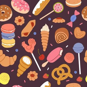 Bakery pattern. Sweet dessert background. Cute cartoon, colorful candies. S.. Stock Illustration