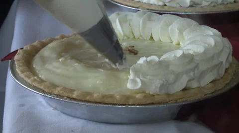 BAKERY PIE HOME MADE BEING TOPPED WHIP CREAM  HD Stock Footage 33132623