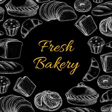 Bakery poster with muffins, cakes, bread and buns Illustrazione stock
