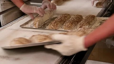 Bakery. Process of preparing baguettes to place in the oven for baking 스톡 동영상 64471012