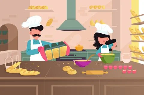 Bakery producing bread, rolls, bagels, pretzels. Stock Illustration