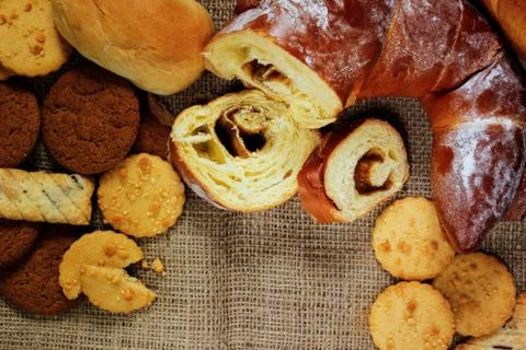 Bakery product assortment with bread loaves, buns, rolls and sweet pastries Stock-Fotos