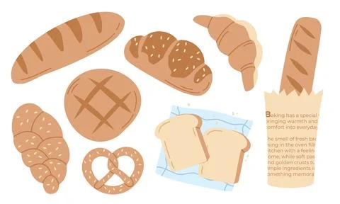 Bakery Product Vector Set with Hand Drawn Fresh Bread, Croissant and Pretzel Stock Illustration