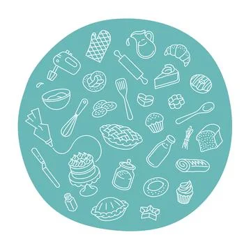 Bakery products and baking tools line art label Stock Illustration
