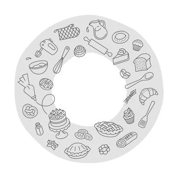 Bakery products baking tools round doodle label Ilustração Stock