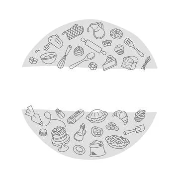 Bakery products baking tools round doodle label Stock Illustration