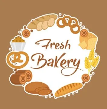 Bakery products frame, flat style. Set of different bread in a round  templ.. Stock Illustration
