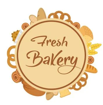Bakery products frame, flat style. Set of different bread in a round  templ.. Stock Illustration