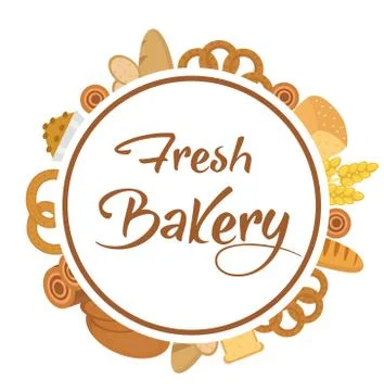 Bakery products frame, flat style. Set of different bread in a round  templ.. Stock Illustration