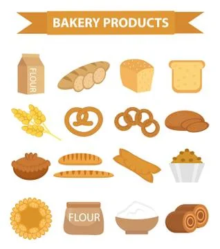 Bakery products icon set, flat style.  of different bread and pastry isolat.. Stock Illustration