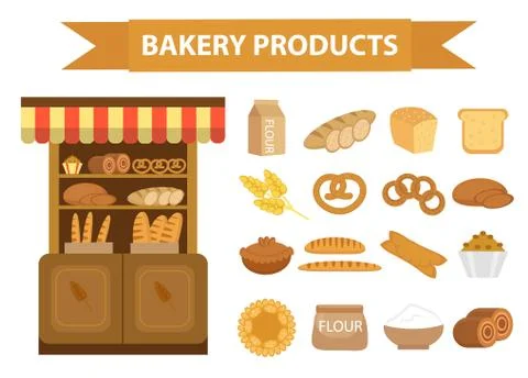 Bakery products icon set, flat style.  of different bread and pastry isolat.. Stock Illustration