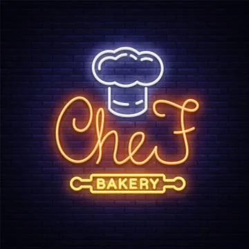Bakery products logo, fresh bread, loaf. Neon sign, bright banner, shining Stock Illustration