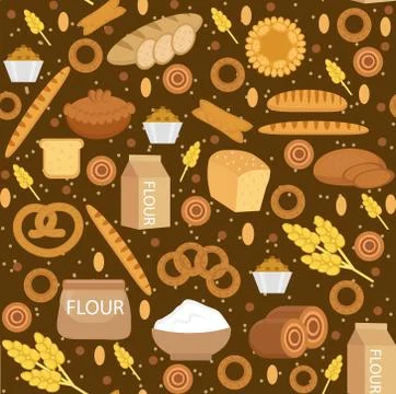 Bakery products seamless pattern with bread, loaf, buns. Vector illustration. 스톡 일러스트