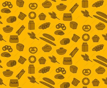 Bakery products seamless pattern with bread, loaf, buns. Vector illustration. Stock Illustration