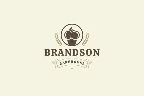 Bakery retro logo design template with pastry dessert vector flat illustratio Stock Illustration