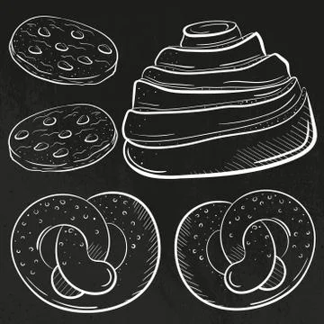 Bakery roll, biscuiits with chocolate, brecel vector illustration isolated on Stock Illustration