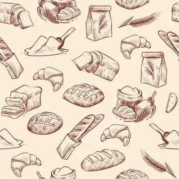 Bakery seamless pattern. Bread croissant pastries pastry wheat loaf sliced white Stock Illustration