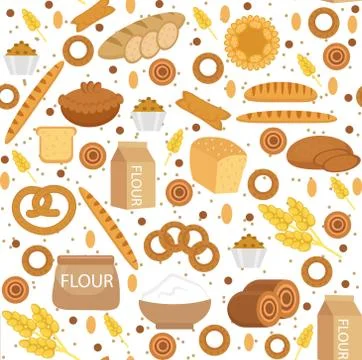 Bakery seamless pattern. Flat style. Bread and buns texture. Flour products.. Stock Illustration