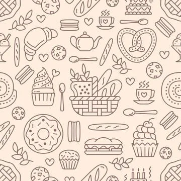 Bakery seamless pattern, food vector background of beige color. Confectionery Stock Illustration