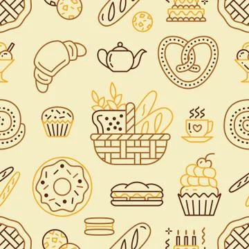 Bakery seamless pattern, food vector background of beige color. Confectionery Stock Illustration