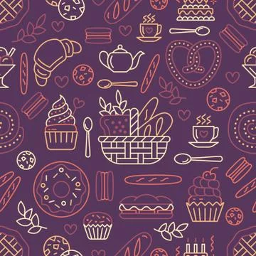 Bakery seamless pattern, food vector background of beige color. Confectionery Stock Illustration