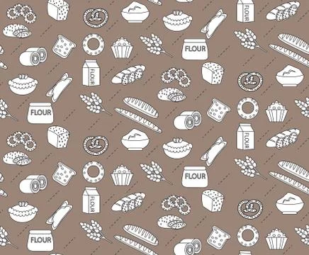 Bakery seamless pattern. Line, outline, doodle style. Bread and buns textur.. Stock Illustration