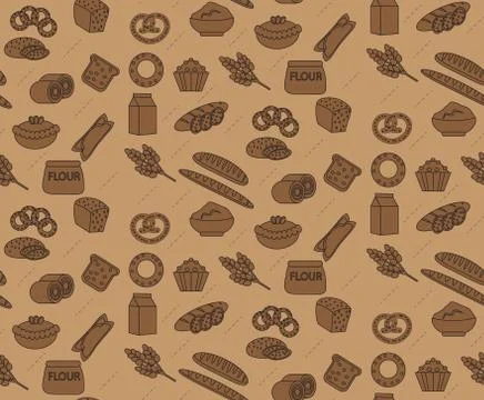 Bakery seamless pattern. Line, outline, doodle style. Bread and buns textur.. 스톡 일러스트