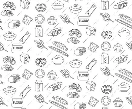 Bakery seamless pattern. Line, outline, doodle style. Bread and buns textur.. 스톡 일러스트