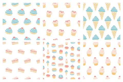 Bakery seamless patterns set cupcake muffin doodle Stock Illustration