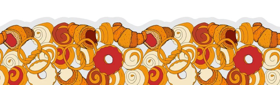 Bakery seamless vector pattern whith buns, bagels, croissants, coffee beans a 库存插图